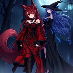 A captivating scene featuring a sexy gothic anime girl Kitsune with long, alluring red hair that flows down to her lower back, styled elegantly in a bun