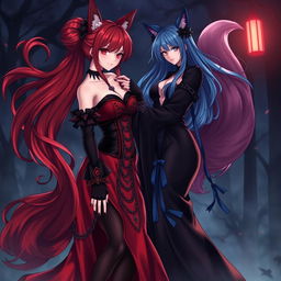 A captivating scene featuring a sexy gothic anime girl Kitsune with long, alluring red hair that flows down to her lower back, styled elegantly in a bun