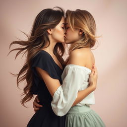 Two beautiful young women passionately kissing, their bodies intertwined in a tender embrace