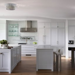 A fully redesigned modern kitchen with sleek appliances, bright lighting, an island in the middle, and white cabinetry.