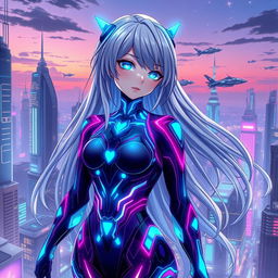 A stunning anime character designed as a futuristic AI, featuring vibrant neon colors and intricate circuit patterns illuminating her form