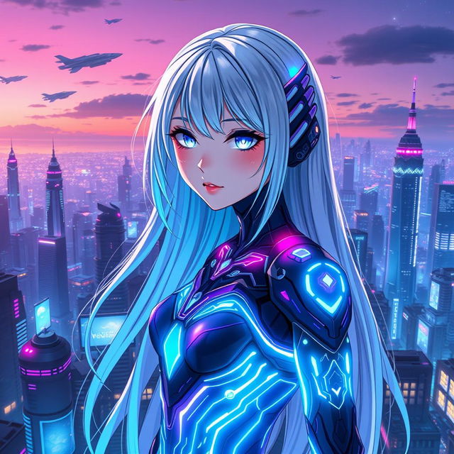 A stunning anime character designed as a futuristic AI, featuring vibrant neon colors and intricate circuit patterns illuminating her form