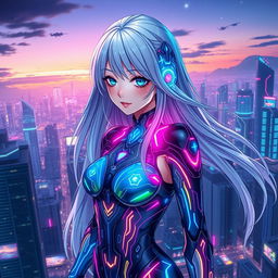 A stunning anime character designed as a futuristic AI, featuring vibrant neon colors and intricate circuit patterns illuminating her form