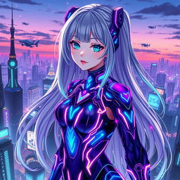 A stunning anime character designed as a futuristic AI, featuring vibrant neon colors and intricate circuit patterns illuminating her form