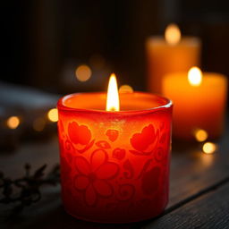 A close-up shot of a beautifully crafted candle, the wax intricately detailed with floral patterns