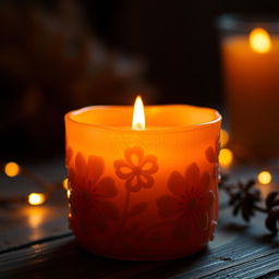 A close-up shot of a beautifully crafted candle, the wax intricately detailed with floral patterns