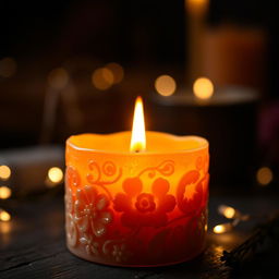 A close-up shot of a beautifully crafted candle, the wax intricately detailed with floral patterns