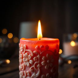 A close-up shot of a beautifully crafted candle, the wax intricately detailed with floral patterns