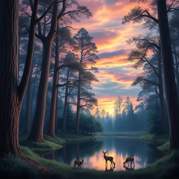 A captivating digital art piece featuring a serene forest landscape at twilight