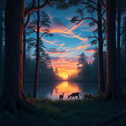 A captivating digital art piece featuring a serene forest landscape at twilight