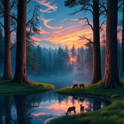 A captivating digital art piece featuring a serene forest landscape at twilight