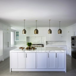 A fully redesigned modern kitchen with sleek appliances, bright lighting, an island in the middle, and white cabinetry.