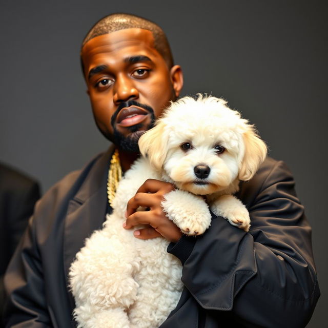 Imagine Kanye West in his signature urban clothing style, wearing a modern and eye-catching outfit while holding a small, fluffy white poodle in his arms