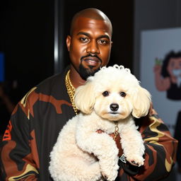 Imagine Kanye West in his signature urban clothing style, wearing a modern and eye-catching outfit while holding a small, fluffy white poodle in his arms