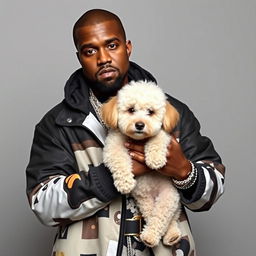 Imagine Kanye West in his signature urban clothing style, wearing a modern and eye-catching outfit while holding a small, fluffy white poodle in his arms