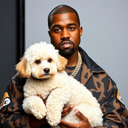 Imagine Kanye West in his signature urban clothing style, wearing a modern and eye-catching outfit while holding a small, fluffy white poodle in his arms