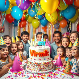 A vibrant birthday celebration scene with balloons, colorful decorations, and a large cake