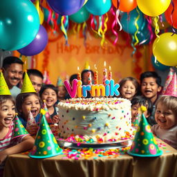 A vibrant birthday celebration scene with balloons, colorful decorations, and a large cake