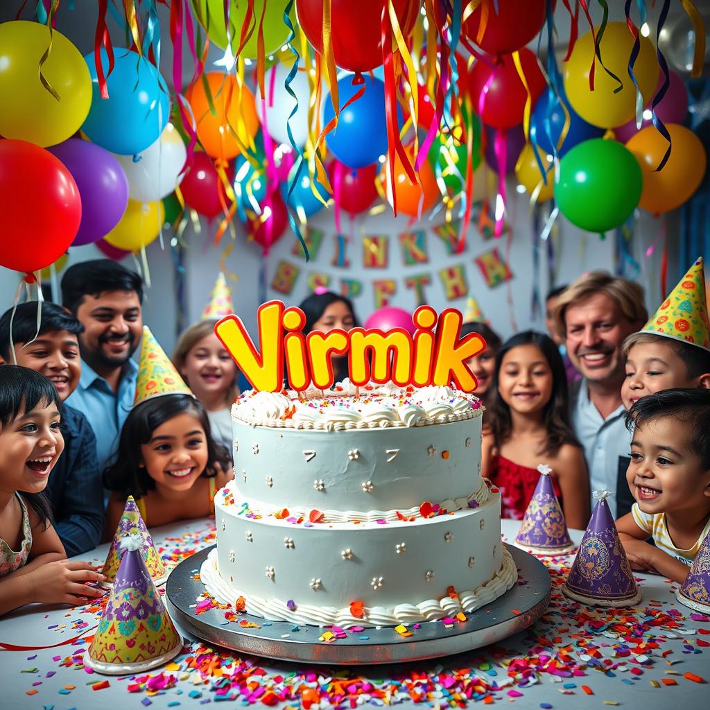 A vibrant birthday celebration scene with balloons, colorful decorations, and a large cake