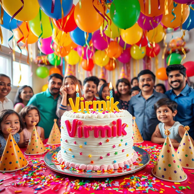 A vibrant birthday celebration scene with balloons, colorful decorations, and a large cake