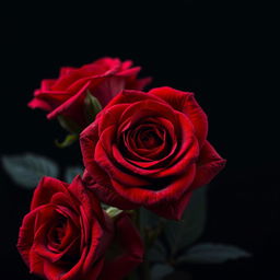 A close-up, hyperrealistic image of three vibrant red roses