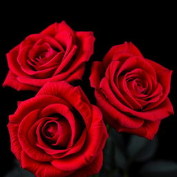 A close-up, hyperrealistic image of three vibrant red roses