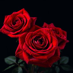 A close-up, hyperrealistic image of three vibrant red roses