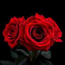 A close-up, hyperrealistic image of three vibrant red roses