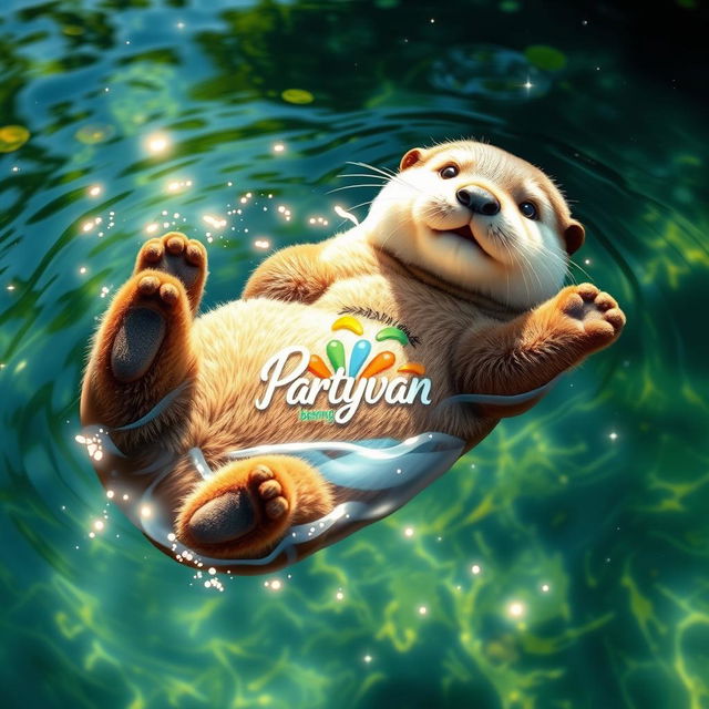 A charming sea otter floating on its back in a serene, crystal-clear river