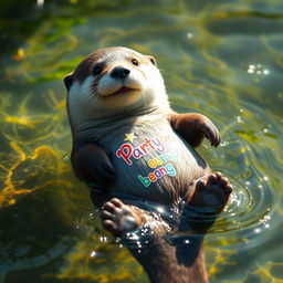 A charming sea otter floating on its back in a serene, crystal-clear river