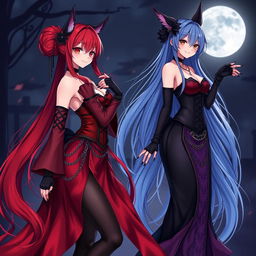 An enchanting scene featuring a sexy gothic anime girl witch Kitsune with long, flowing red hair that cascades down to her lower back, elegantly styled in a bun