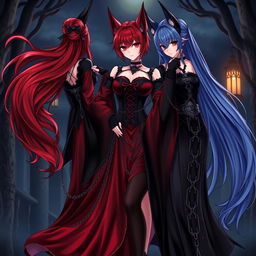 An enchanting scene featuring a sexy gothic anime girl witch Kitsune with long, flowing red hair that cascades down to her lower back, elegantly styled in a bun
