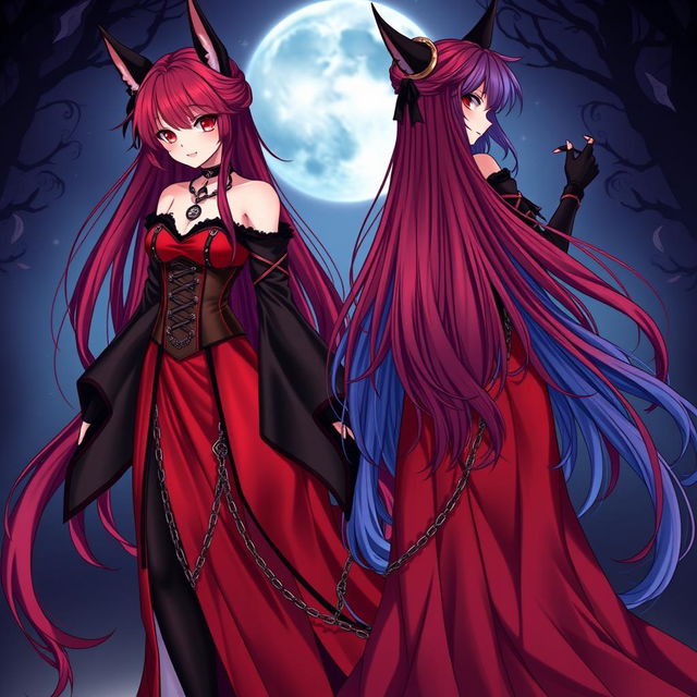 An enchanting scene featuring a sexy gothic anime girl witch Kitsune with long, flowing red hair that cascades down to her lower back, elegantly styled in a bun