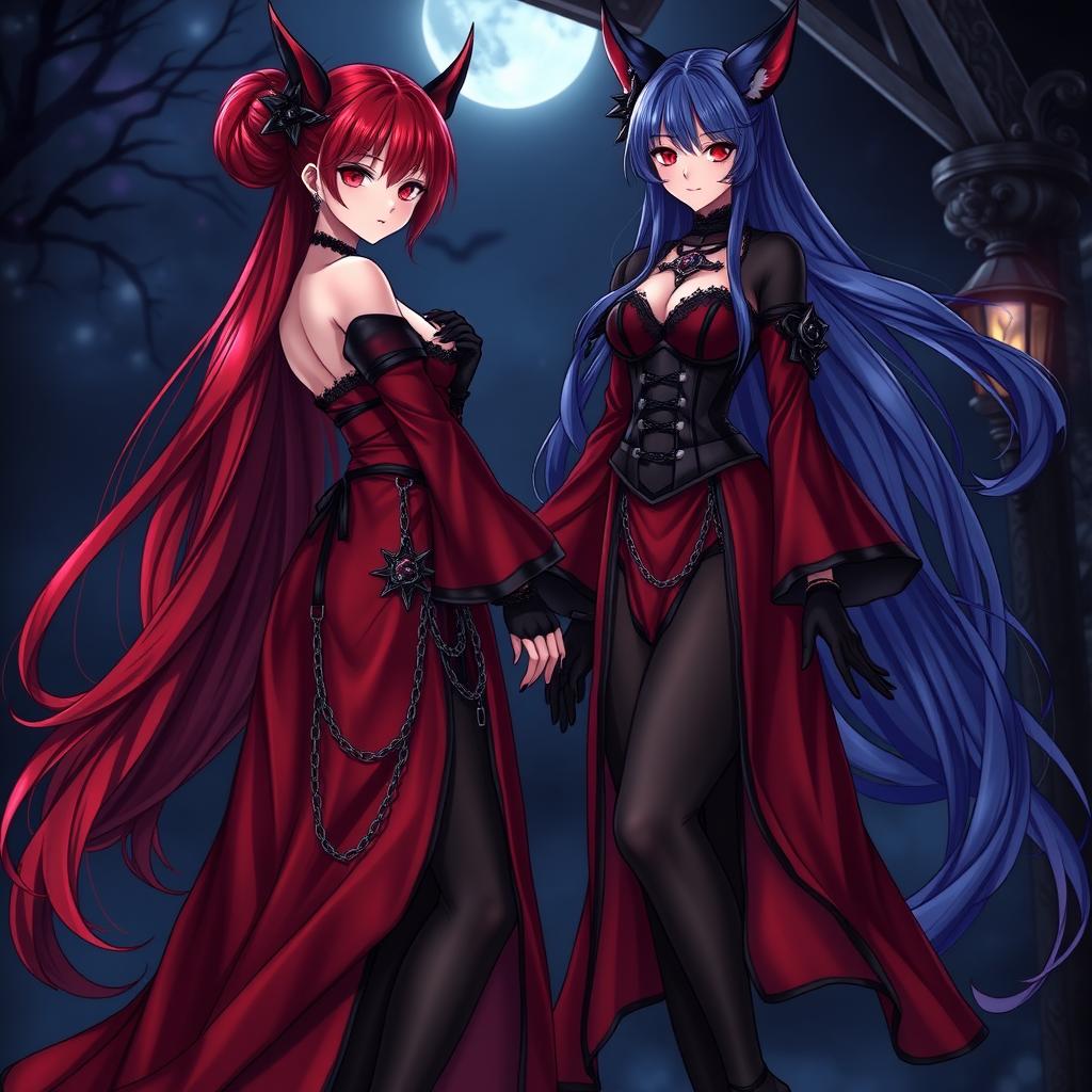 An enchanting scene featuring a sexy gothic anime girl witch Kitsune with long, flowing red hair that cascades down to her lower back, elegantly styled in a bun