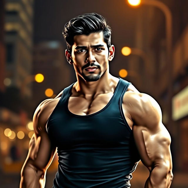 A stylized portrait of a muscular Indian male actor, inspired by Varun Dhawan, showcasing an athletic physique