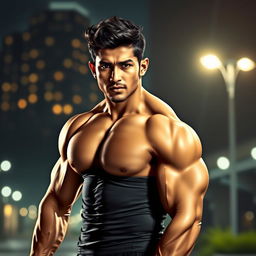 A stylized portrait of a muscular Indian male actor, inspired by Varun Dhawan, showcasing an athletic physique