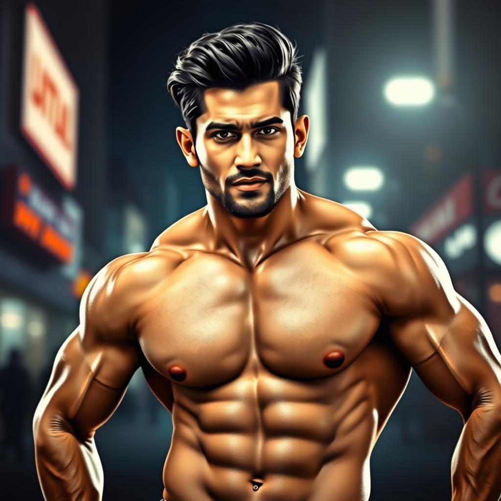 A stylized portrait of a muscular Indian male actor, inspired by Varun Dhawan, showcasing an athletic physique