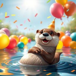 A cute and playful river otter named Partyan Berang Berang, smiling happily while floating on its back, surrounded by colorful party balloons and confetti in a vibrant river setting