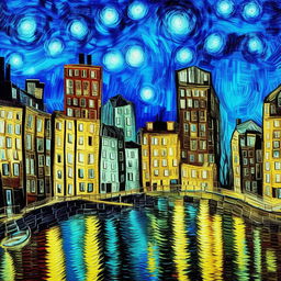 A vibrant cityscape painting rendered in the expressive, emotive style of Vincent Van Gogh