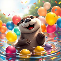 A cute and playful river otter named Partyan Berang Berang, smiling happily while floating on its back, surrounded by colorful party balloons and confetti in a vibrant river setting