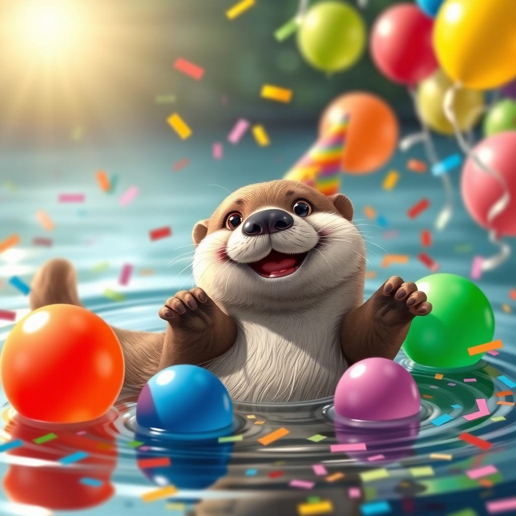 A cute and playful river otter named Partyan Berang Berang, smiling happily while floating on its back, surrounded by colorful party balloons and confetti in a vibrant river setting