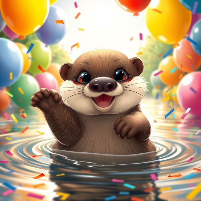 A cute and playful river otter named Partyan Berang Berang, smiling happily while floating on its back, surrounded by colorful party balloons and confetti in a vibrant river setting