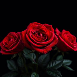 A close-up hyperrealistic image of three vibrant red roses in sharp focus, intricately detailed with petals showcasing a deep burgundy center and subtle gradations of red