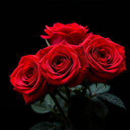 A close-up hyperrealistic image of three vibrant red roses in sharp focus, intricately detailed with petals showcasing a deep burgundy center and subtle gradations of red
