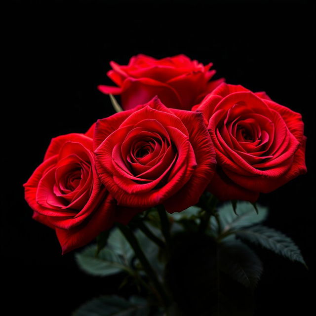 A close-up hyperrealistic image of three vibrant red roses in sharp focus, intricately detailed with petals showcasing a deep burgundy center and subtle gradations of red