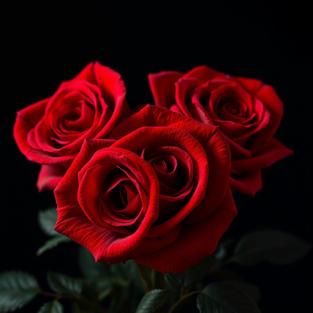 A close-up hyperrealistic image of three vibrant red roses in sharp focus, intricately detailed with petals showcasing a deep burgundy center and subtle gradations of red