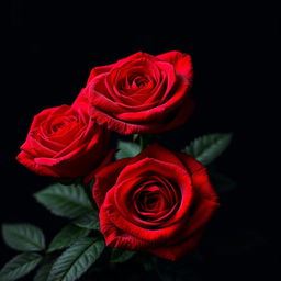 A close-up hyperrealistic image of three vibrant red roses in sharp focus, intricately detailed with petals showcasing a deep burgundy center and subtle gradations of red
