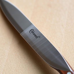 A beautifully crafted knife with a sleek, polished blade, prominently displaying the brand name etched into the metal