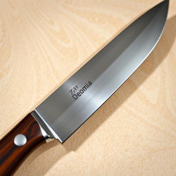 A beautifully crafted knife with a sleek, polished blade, prominently displaying the brand name etched into the metal