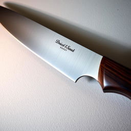 A beautifully crafted knife with a sleek, polished blade, prominently displaying the brand name etched into the metal